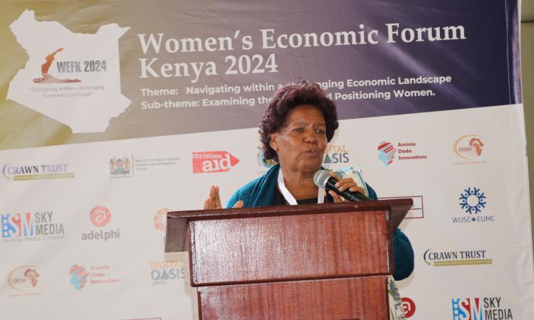 Prof Wanjiku Kabira delivers speech during WEF  Kenya 2024