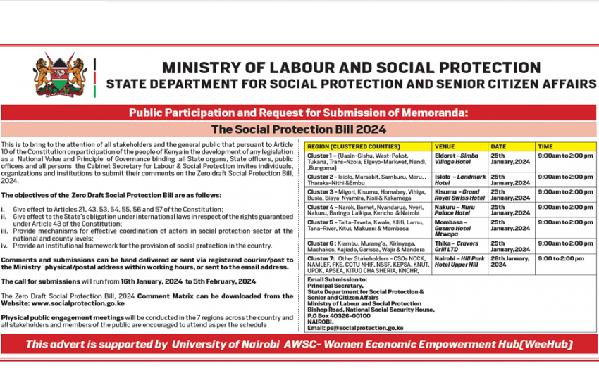 Call for Public Participation on Social Protection Bill, 2024